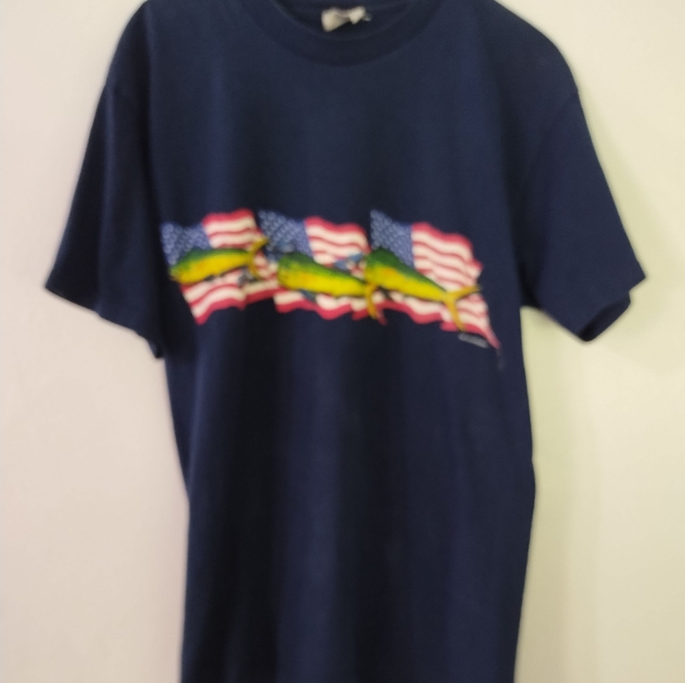 Navy blue T-shirt with American flags and mahi-mahi, Dorado. Size small